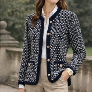 Tahari Navy and White Patterned Blazer TAHARI tweed knit fringe blazer jacket